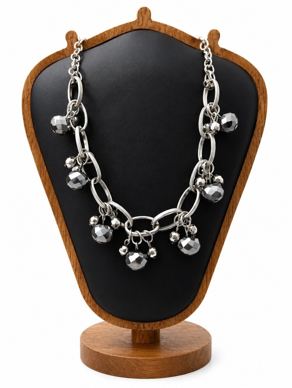 Silver Tone Link Necklace with Metallic Bead Charms - Women Jewelry
